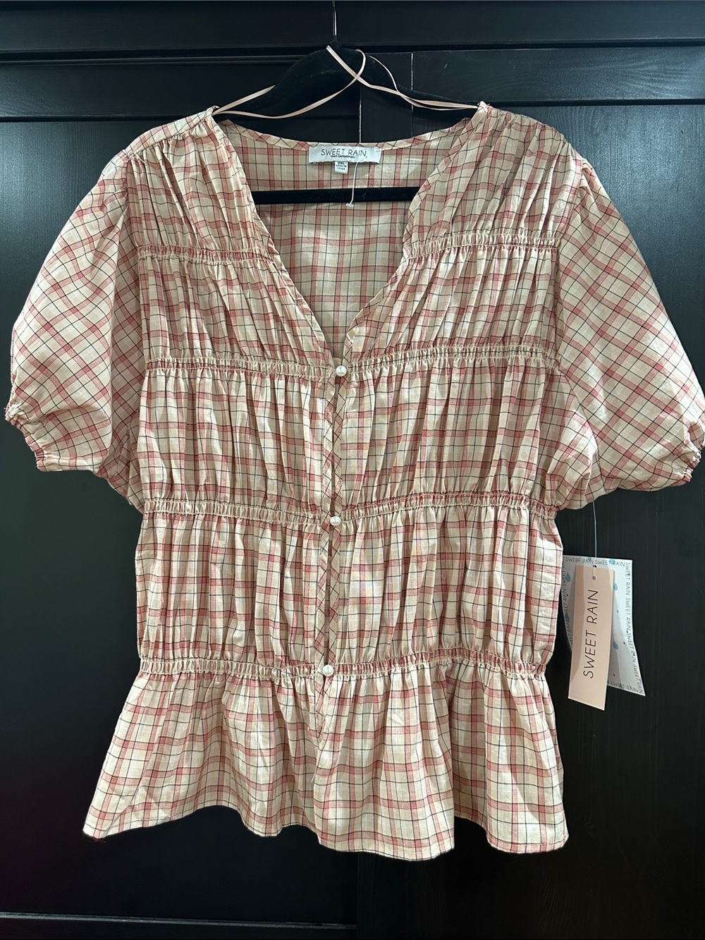 Sweet Rain Cream and Red Plaid Smocked Peplum Top